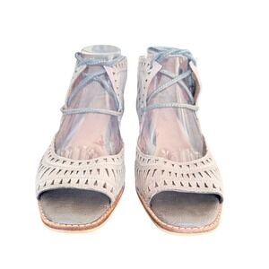 Jeffrey Campbell Gray Leather Laser Cut Lace Up Wedge Sandals Open Toe Low Heel